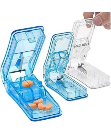 Lot de 3 coupe-pilules Concasseur et coupe-comprim s en V Grip pour vitamines petites et grandes pilules et m dicaments S parateur de pilules transparent avec tui diviser (2) Bleu + (1) Transparent