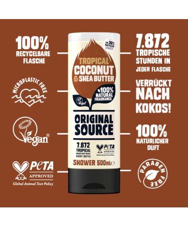 Original Source Coconut and Shea Butter Shower Gel 100 Percent Natural Fragrance Vegan Cruelty Free Paraben Free Bulk Buy Pack of 6 x 500 ml - Buy Online on GoSupps.com