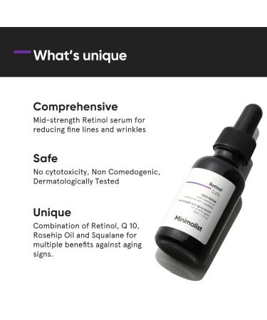 Minimalist 0.6% Retinol Serum For Anti Aging | Antioxidant Effects with Coenzyme Q10 | Reduces Fine Lines & Wrinkles | Mid Strength | 1 Fl Oz / 30 ml - Buy Online on GoSupps.com