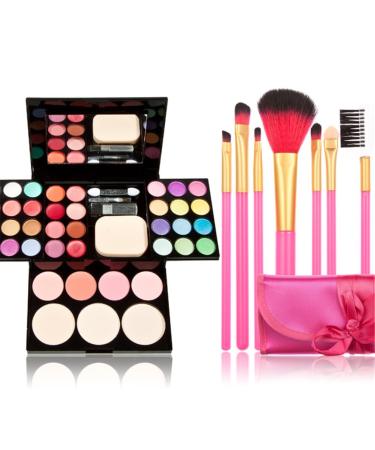 Makeup Brushes Cosmetic Palette Set TimeSong Professional Makeup Palette Kit (Include: Eyeshadow & Blusher & Face Powder & Lip Gloss) + Makeup Brushes Set (7pcs Pink Brushes)