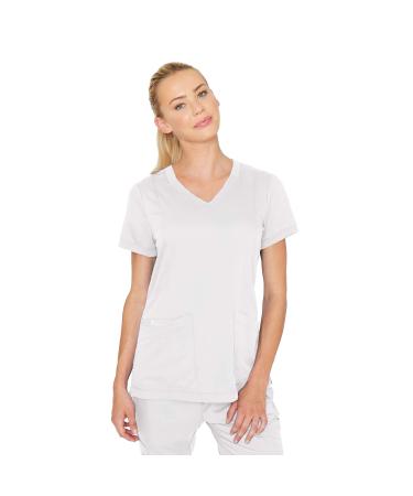 BARCO Grey's Anatomy Scrubs - Kira Scrub Top for Women V-Neck Love Printed Zip Pocket Super-Soft Women's Scrub Top Medium White