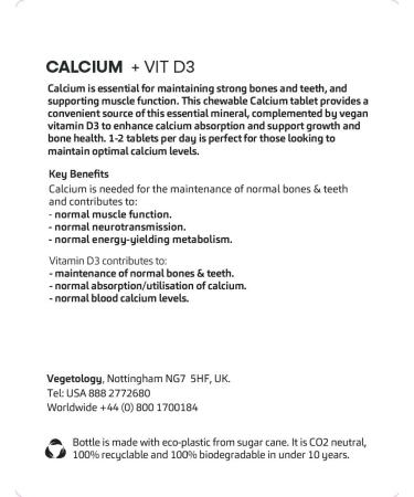 Vegetology Calcium Tablets and Vitamin D3, Chewable Vegan Supplement, Helps Maintain Strong Bones and Support Muscle Function, 60 Count, Age 11+ - Buy Online on GoSupps.com