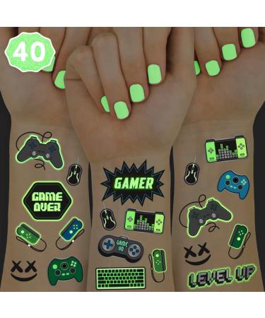xo, Fetti Video Game Party Supplies Temporary Tattoos - 40 Glow in the Dark Styles | Videogame Birthday Favors, Decorations, Controller, Computer Keyboard, Gamer, Arcade