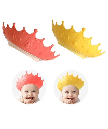 2PCS Crown Baby Shower Cap, Adjustable Baby Hair Washing Guard Bath Shield Visor Hat Eyes and Ears Head Protection Bath Shampoo Hat Waterproof Soft Silicone Shower Cap for Kids Toddler Red+Yellow