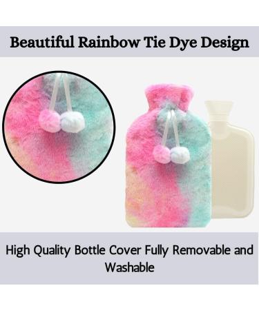 Olivia Rocco Rainbow Tie Dye Faux Fur Hot Water Bottle with Pom Poms - Thermotherapy Plush Fleece Hand & Feet Warmer for Pain Relief - Winter Gift - Buy Online on GoSupps.com