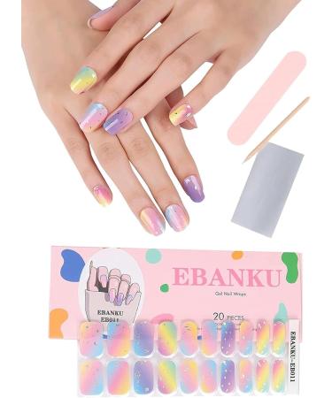 EBANKU Semi Cured Gel Nail Strips 20 Stickers Colorful Rainbow Gel Nail Polish Stickers Wraps Adhesive Gel Nail Stickers with Nail File Stick and Sealing Strip (UV/LED Lamp Required) - Buy Online on GoSupps.com