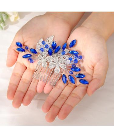 Flayem Wedding Hair Side Comb Bridal Blue Rhinestone Headpieces Flower Leaf Hair Comb Bride Bridesmaid Hair Accessories for Women - Buy Online on GoSupps.com