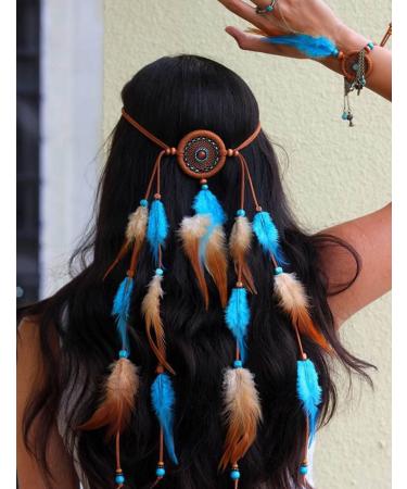 Jumwrit Bohemian Dreamcatcher Feather Headband Indian Gypsy Headpiece with Blue and Brown Feather Tassel Elastic Band Beaded Hairband Hippie Costume Accessories for Women and Girls