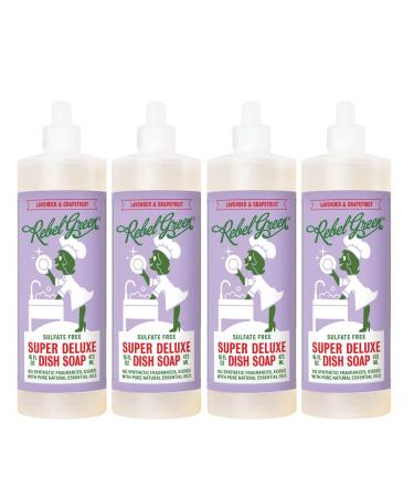 Rebel Green Super Deluxe Dish Soap - Natural Dishwashing Soap - Liquid Dish Detergent - Sustainable Dish Liquid Scented with Lavender & Grapefruit - (16 oz Bottles, 4 Pack)