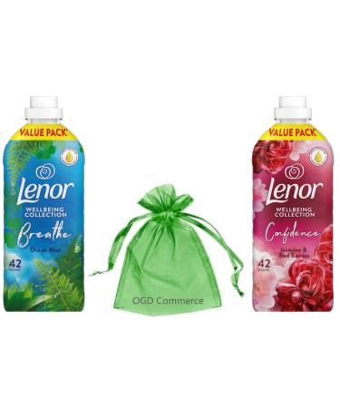 Lenor Fabric Conditioner 42 Washes 1.386L Wellbeing Collection 2 Fragrances Pack: Ocean Mist + Jasmine & Red Berries + for You: Organza Small Bag