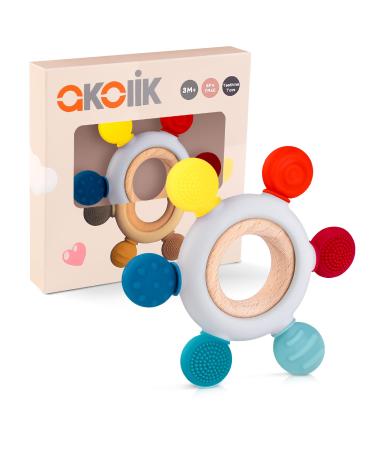 akolik Teething Toys for Baby Baby teether Silicone Teething for Babies 0-6 6-12 Months BPA-Free with Wooden Ring Silicone Chewable Teether (Rudder D)