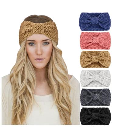 DRESHOW 6 Pieces Women Warm Knitted Headband Winter Ear Warmer Crochet Head Wraps Thick Cable Headband