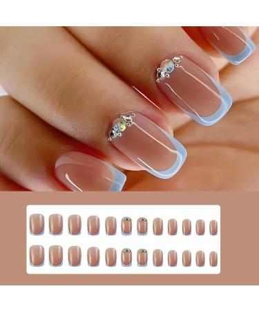 24-Piece Angular Nails Set | Short Glitter French Press-On Ballerina Nails | Blue Border Square Fake Nails for Women & Girls - Buy Online on GoSupps.com