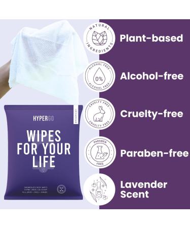 HyperGo Full-Body Rinse-Free Bathing Wipes - Lavender 20 Count - Hypoallergenic & Biodegradable - All Natural Refreshing Wipes for Post Workout, Camping, Travel - X-Large Size 12x12 - Pack of 1 - Buy Online on GoSupps.com