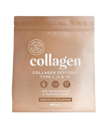 Alpha Foods Collages Powder (400g) - Collagen Hydrolysate Peptides Type I II & III - Highly dosed collagen powder with hyaluronic acid and elastin - chocolate taste - from Germany - Buy Online on GoSupps.com