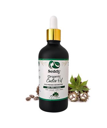 Seddy Organic Castor Oil - 100% Pure - Cold Pressed | Hexane-Free | Premium Grade Oil for Hair Growth Scalp Eyelashes Eyebrows Skin & Nails | Glass Bottle- Hair Treatment Oil - 3.4 Fl. Oz