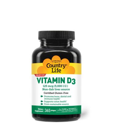 Country Life Vitamin D3 5000 IU High Potency Non-Fish Source Supports Bone Health Immune Function & Calcium Absorption 365 Softgels Certified Gluten-Free Long-Term Supply