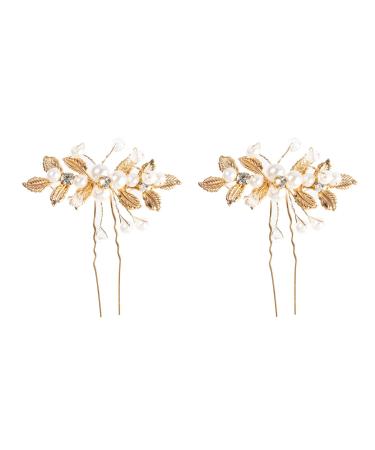 Bride Wedding Pearl Hair Pins Wedding Flower Gold Rhinestone Hair Accessories Leaf Flower Hair Accessories for Women and Girls