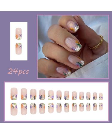 Short Simple Flower Almond Fake Nails with Purple Daisy Design - 24PCS - Buy Online on GoSupps.com