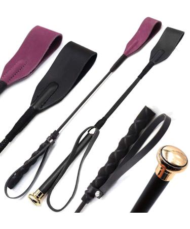 Piece Set 18" Gold and Purple Riding Horse Crop | Genuine Leather Jump Bat Top | Black Faux Handle