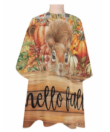 Buffalo Plaid Squirrel Pumpkin Barber Cape - Salon Hair Cutting Cape for Women Men Kids Adults Retro Thanksgiving Harvest Autumn Haircut Cape with Adjustable Elastic Neckline Hairdressing Accessories 1 piece 55x63 Inch Dark Orange Light Gray