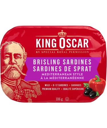 King Oscar Brisling Sardines in Extra Virgin Olive Oil Mediterranean Style 106 Gram Cans (Pack of 12) Sardines Mediterranean Style 106 g (Pack of 12)