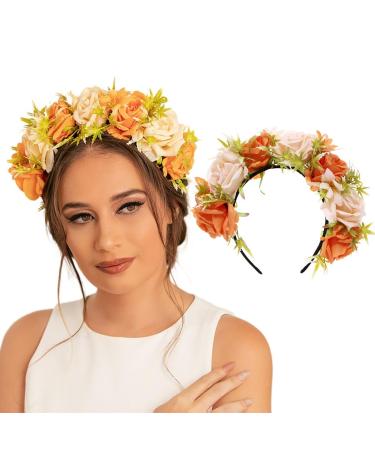 IYOU Flower Crown Headband Orange Rose Hair Bands Rave Floral Day of the Dead Halloween Headpiece Hair Accessories for Women and Girls