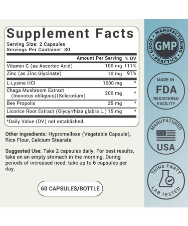 L-Lysine Cold Sore Treatment For Lips With Immune Support - L Lysine 1000mg Capsules Chaga Bee Propolis Vitamin C Zinc & Licorice Root Extract - Non-GMO Vegetarian 60 Capsules for Men and Women 60 Count (Pack of 1) - Buy Online on GoSupps.com