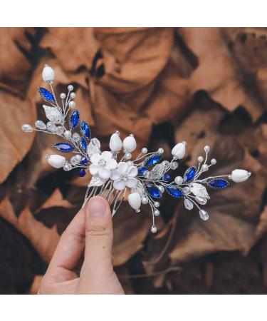 Casdre Blue Crystal Bride Wedding Hair Comb Silver Flower Bridal Hair Accessories Rhinestone Hair Piece for Women and Girls (A Blue)