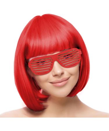 AOMIG Short Bob Wig for Women 4 Pack Short Red Bob Wigs Set with Sunglass and Wig Cap Neon Fancy Dress Accessory Cosplay Party Wig with Bangs Synthetic Straight Wig for Daily Halloween Decorations - Buy Online on GoSupps.com