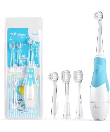 Seago Baby Electric Toothbrush Children's Power Toothbrushes with 4 Dupont Brush Heads and Led Light 2-Min Timer for Children Aged 6 Months to 4 Years Penguin Shape Design(Blue)