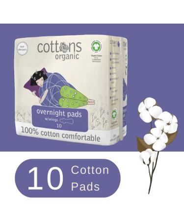 Cottons Organic Cotton Overnight Sanitary Pads for Women - Hypoallergenic & Breathable - Heavy Flow - 10 Count - Buy Online on GoSupps.com