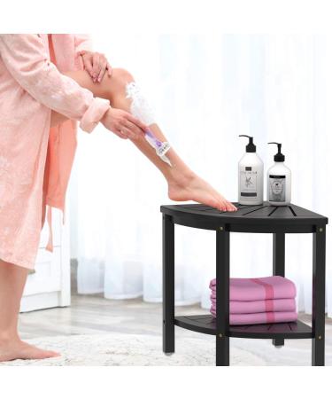 Waterproof Bamboo Corner Shower Stool Bench - Black with Storage Shelf | Ideal for Shaving Legs or Seating Inside Bathroom/ Shower - Buy Online on GoSupps.com