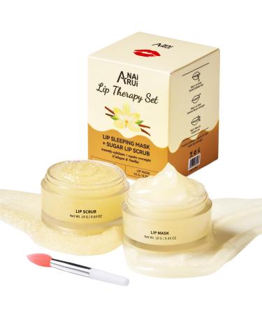 ANAI RUI Lip Mask and Scrub Set Lip Sleeping Mask & Lip Exfoliator/Scrub for Exfoliating & Lip Overnight Treatment Lip Care Gift Kits for Dry Chapped & Dark Lips Reduce Fine Lines Vanilla Light Yellow