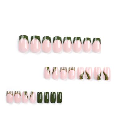 Mouyou Glow Press On Nails - Short Square Nude Dark Green French Gold Glitter Art with Nail Glue | Fashionable Fake Nails for Stunning Designs - Buy Online on GoSupps.com