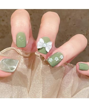24pcs Press On Nails Medium False Nail Natural Fake Nail with Nail Glue and Adhesive Taps Faux Ongles Squared Green 3D Bowknot Flowers