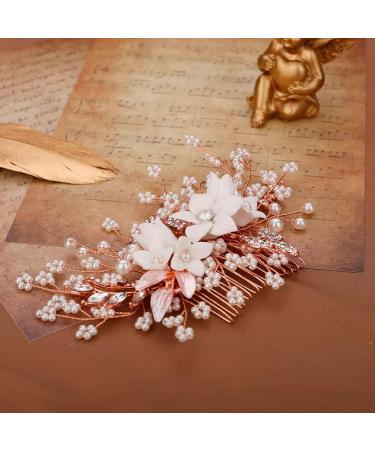 Chargances White Flower Pearl Hair Comb for Wedding Brides Bridesmaid Crystal Beaded Hair Comb Accessories Rhinestone Head Pieces for Women Girls Porm (Rose Gold) - Buy Online on GoSupps.com