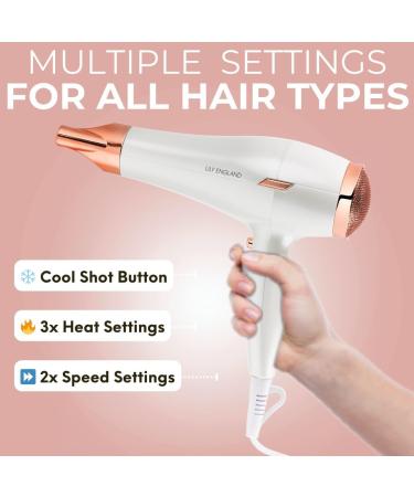 Lily England Lightweight Hair Dryer - Quiet & Powerful with Cold Setting, White & Rose Gold - Buy Online on GoSupps.com