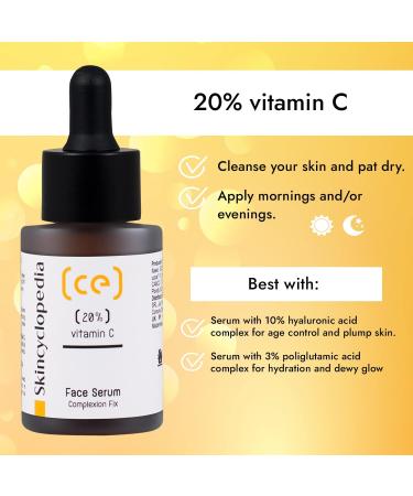 Skincyclopedia 20% Vitamin C Serum with Hyaluronic Acid - Spot Treatment for Acne Prone Dry and Oily Skin - Illuminating Face Moisturiser for Men and Women 30ml - Buy Online on GoSupps.com