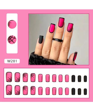 Halloween Fake Nails - Short Square Spiderweb Designs - Pink & Black Press on Nails for Women and Girls - Buy Online on GoSupps.com