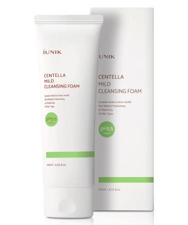 IUNIK Centella Mild Foaming Facial Cleanser Sub-acid 4.05 Fl Oz 49.9% Centella Asiatica Extract - Skin Relief Moisturizing pH Balancing Rich Foam without Dryness Oily Dry Senstivie Acne-prone skin Vegan