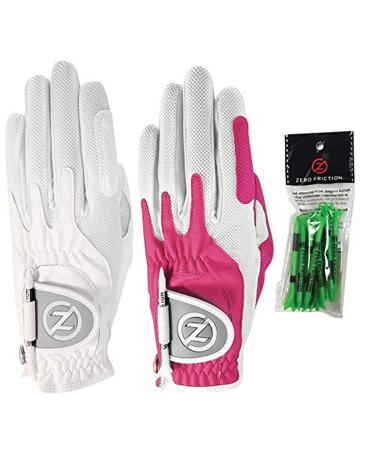 Zero Friction Ladies Compression-Fit Synthetic Golf Glove 2 Pack Includes free tee pack Universal-Fit Left WhitePink