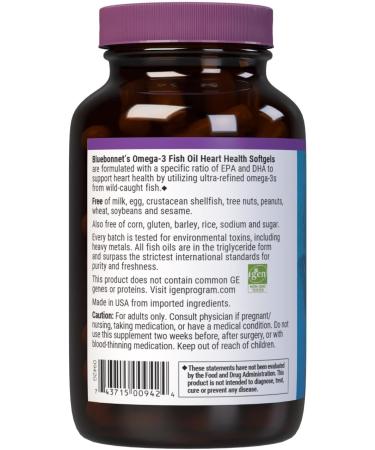 Bluebonnet Nutrition Omega-3 Heart Formula Natural Wild Caught Triglyceride Form DHA 600 mg EPA 800 mg - Highly Concentrated Heart Health Support Supplement - Gluten-Free - 60 Softgel - Buy Online on GoSupps.com