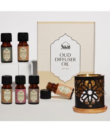 Dukhni Oud Essential Oil Diffuser Blend & Candle Burner | 6 x 10ml Arabic Oils with Diffuser| Relax with Home Aromatherapy for Relaxation Massage & Candle Making Islamic Gift