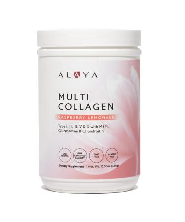 Alaya Multi Collagen Powder - Type I, II, III, V, X Hydrolyzed Collagen Peptides Protein Powder Supplement with MSM + GC (Raspberry Lemonade)
