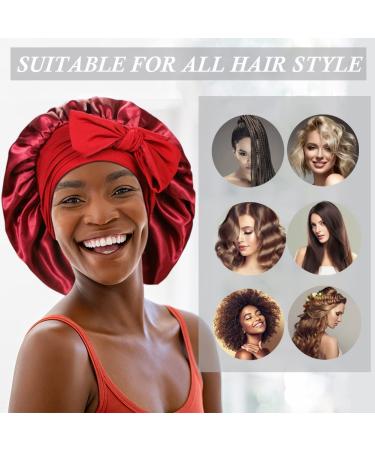 Adjustable Silky Hair Bonnet Set for Women - Black & Wine Red Satin Sleeping Cap - Jumbo Size with Wide Elastic Bands - Buy Online on GoSupps.com