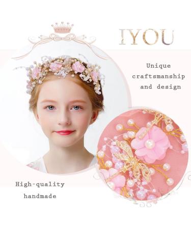IYOU Flower Communion Headpiece Pink Floral Princess Headbands Pearl Butterfly Birthday Wedding Hair Accessories for Girls - Buy Online on GoSupps.com