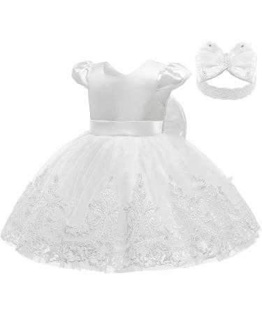 Baby Girls Lace Tulle Princess Dress with Bowknot Headwear | White | 3-6 Months - Buy Online on GoSupps.com