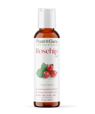 Plant Guru Rosehip Oil Unrefined 2 fl. oz. 100% Pure Cold Pressed Nourishing for Skin Hair Scalp and Nails Hydrating Moisturizing and Rejuvenating.