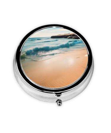 Beach Sceneryround Pill Box 3 Compartment Round Pill Box Organizer &Portable Travel Pill Box for Traveling.